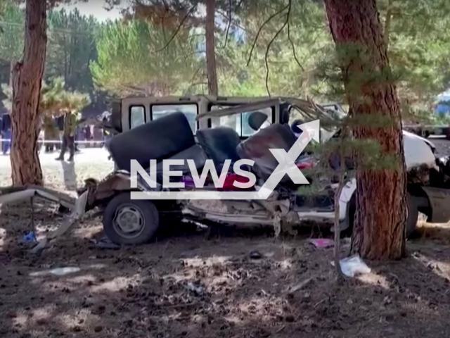 The school bus split into two as a result of an accident in which five children died and five were injured in Afyonkarahisar, Turkey in October 2021. Note: Picture is a screenshot from a video (Newsflash)