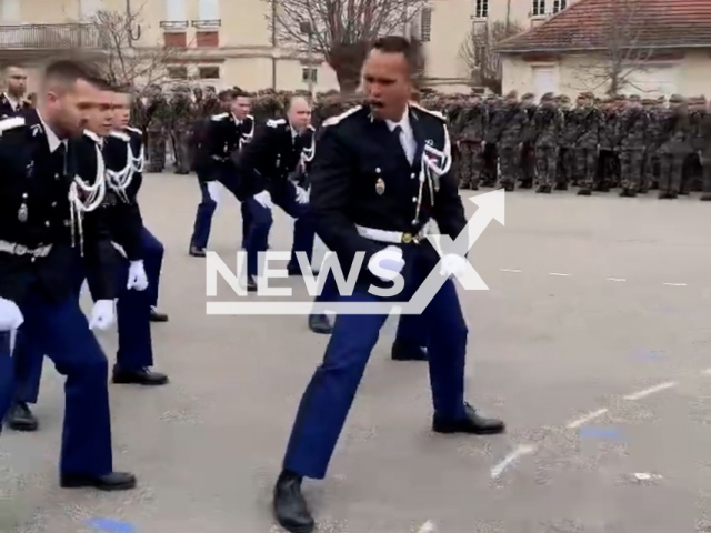 French Gendarme students thank their superior by performing a Haka, undated. A spokesperson for the Gendarmerie said that the dance was also an opportunity to highlight recruitment in French Polynesia. Note: Picture is screenshot from a video. (National Gendarmerie of France/Newsflash)