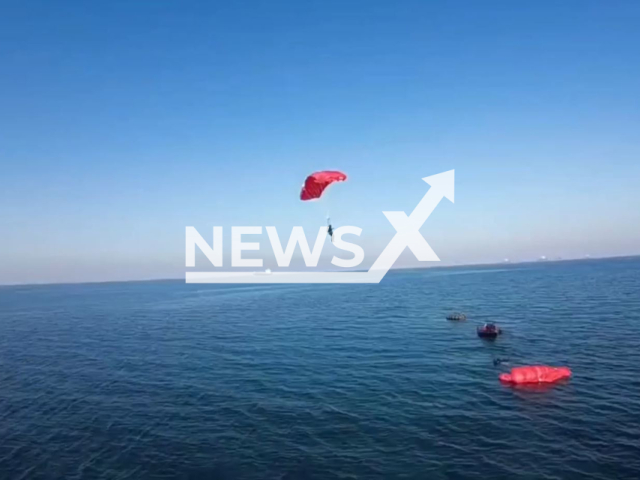 Description: This footage shows members of the Turkish Search and Rescue specialized unit completing an air-to-sea boat launching a course in Izmir, Turkey, undated. Notes: Picture is screen from a video.(@tcsavunma/Newsflash)