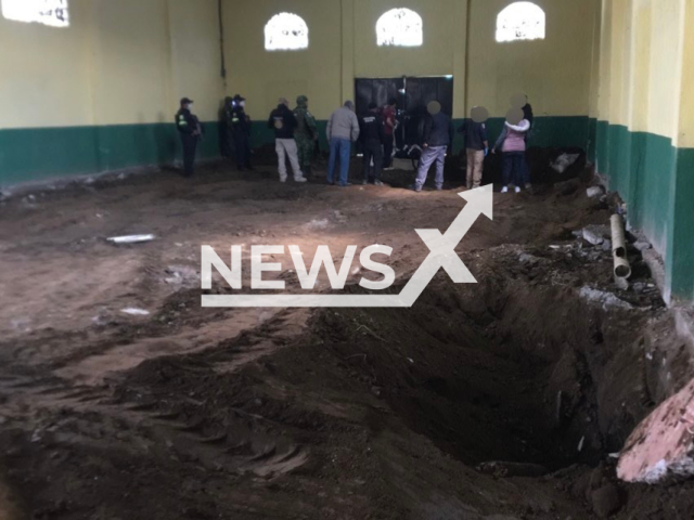 Photo shows a pit in a warehouse in Tenango del Valle, Valley of Toluca, in Mexico State, Mexico, undated. Bags with human remains were located in a drug pit during the operation on Jan. 13, 2023. Note: Photo is from the Edomex Prosecutor's Office (@FiscaliaEdomex/Newsflash)