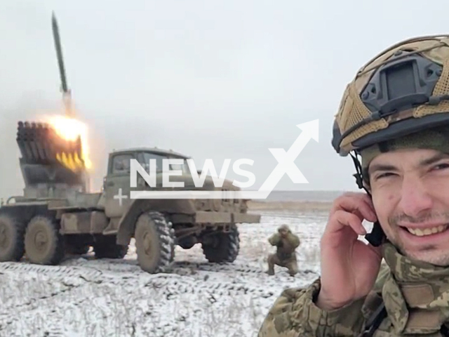 Ukrainian fighters shoot at Russian occupiers using BM-21 Grad multiple rocket launcher in a snowy field in Ukraine in undated footage. The footage was released by the Armed Forces of Ukraine on Thursday, Jan. 19, 2023. Note: Photo is screenshot from a video. (@AFUkraine/Newsflash)