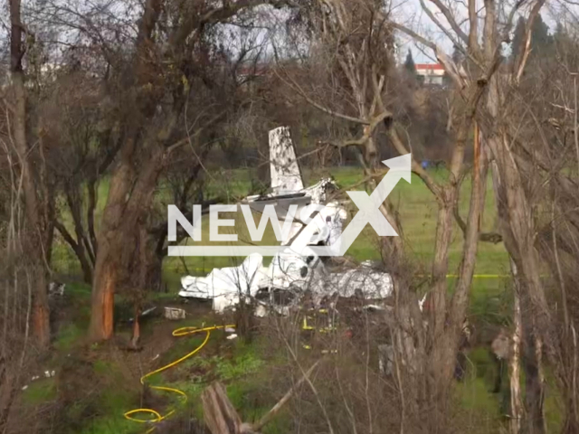 Picture shows the scene of a plane crash east of the Modesto Airport, in Modesto, California, in undated footage. The pilot of the plane died in the crash. Note: Photo is screenshot from a video. (StanSheriff/Newsflash)