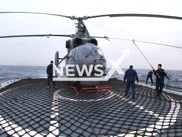 Picture shows Russian Ka-27 helicopter on the ship in the Atlantic Ocean. The footage was released by the Russian Ministry of Defence on Thursday, Jan. 19, 2023. Note: Picture is screenshot from a video. (@mod_russia/Newsflash)