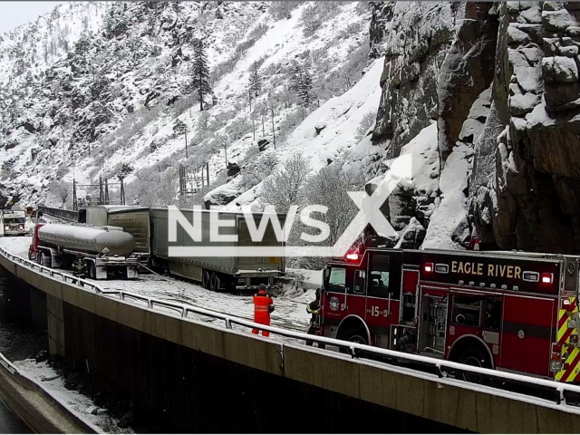 Picture shows the scene at Glenwood Canyon, located in Colorado, US, on Tuesday, Jan. 17, 2023. Glenwood Springs Fire Department works alongside Eagle County Hazardous Materials Response Team and Colorado State Patrol Hazardous Materials Team to offload gasoline from a damaged tank trailer. Note: Photo from emergency services. (Colorado Department of Transportation/Newsflash)