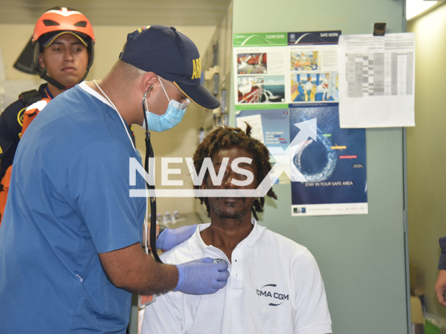 Elvis Francois, 47,  being examined by  medical staff, undated. He was rescued after 24 days adrift by the Colombian Navy 120 nautical miles northwest of Puerto Bolivar in La Guajira, Colombia, in January, 2023. Note: Licensed photo.  (Armada de Colombia/Newsflash)