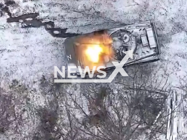 Description: Russian armored personnel carrier explodes in Ukraine in undated footage. The footage was released by the Presidential Brigade of the Armed Forces of Ukraine on Thursday, Jan. 19, 2023. Notes: Picture is a screen from a video.(@Prezydentska.Bryhada/Newsflash)