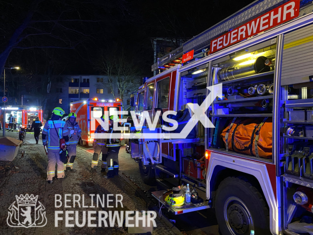 Image shows firemen at the crime scene, undated photo. A boy, aged 2, died the family's apartment was set ablaze in the locality of Britz, in the city of Berlin, Germany, on Tuesday, Jan. 17, 2023. Note: Licensed content. (Berlin Fire Department/Newsflash)