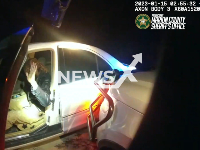 Deputy Kevin Wilson arrests Stephen Perk, in Marion County, Florida, USA on Saturday, Jan. 15, 2023. He refused to stop his vehicle and fled at high speed until he drove off of the road, he was charged with for Fleeing to Elude a Law Enforcement Officer and Driving with a Revoked License. Note: Picture is a screenshot from a video (Marion County Sheriff's Office/Newsflash)