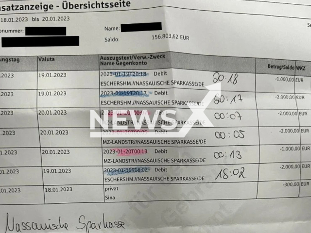 Image shows the Sparkasse certificate that proves that money was withdrawn six times in the city of Frankfurt, Germany, with Kursat Yildirim Chico's card, undated photo. A total of EUR 10,000 (GBP 8,778) were stolen from the 42-year-old man's account. Note: Private photo. (Newsflash)