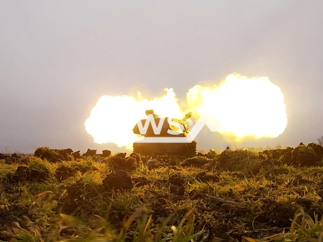 Russian self-propelled howitzers 2S3 "Acacia" fire at the Ukrainian military positions in Ukraine in undated footage.
The footage released by the Russian MoD on Monday, Jan. 23, 2023. Note: Picture is screenshot from video. (Ministry of Defense of Russia/Newsflash)