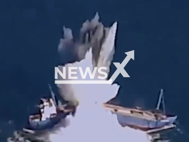 Ship blows up in undated footage. The United States Air Force destroyed the ship using the QUICKSINK system. Note: Picture is screenshot from video. (United States Air Force/Newsflash)