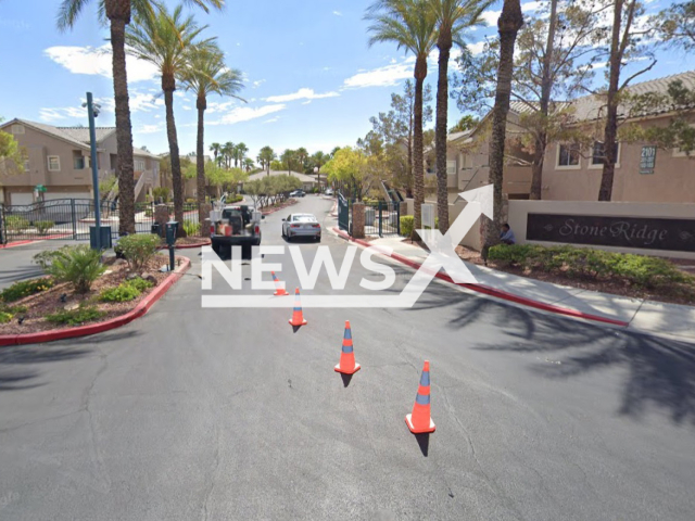 Image shows the entrance of the closed neighbourhood in the city of Las Vegas, Nevada, USA, where the incident happened, undated photo. Giuseppe Galluzzo, 77, lost his life after his vintage Chevrolet Monte Carlo which he left running, rolled over him and dragged him across a driveway, on Sunday, Jan. 22, 2023. Note: Photo is a screenshot from Google Maps. (Google Maps/Newsflash)