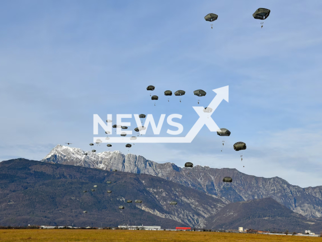 Sky Soldiers jump at the Juliet and Frida Drop Zones in Pordenone, Italy, in an undated photo. The soldiers are assigned to the 1st Squadron, 91st Cavalry Regiment, 173rd Airborne Brigade. Note: Photo from Military (Paolo Bovo, Army; U.S. Department of Defense/Newsflash)