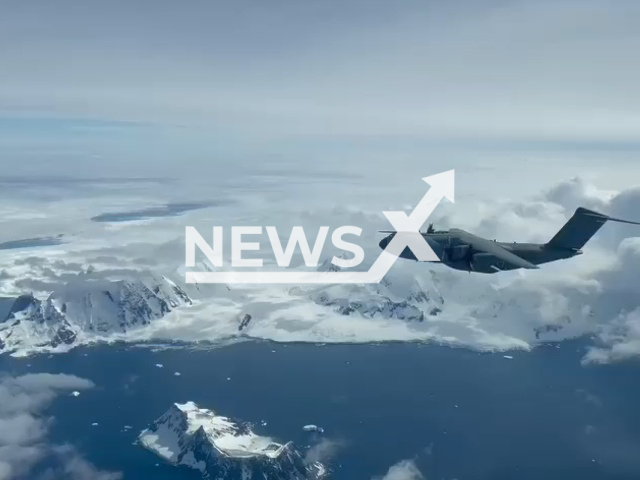 Royal Air Force Atlas A400M, a military transport aircraft, flies in undated footage. The aircraft airdropped vital fuel supplies to the British Antarctic Survey. Note: Picture is a screenshot from a video (RAF Brize Norton/Newsflash)