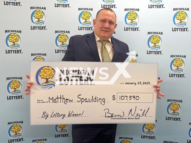 Matthew Spaulding, 41, poses in undated photo. He won USD 107,590 (GBP 86,617) on the lottery in the town of West Bloomfield, in Michigan, USA, on Tuesday, Jan. 24, 2023. Note: Licensed content. (Michigan Lottery/Newsflash)