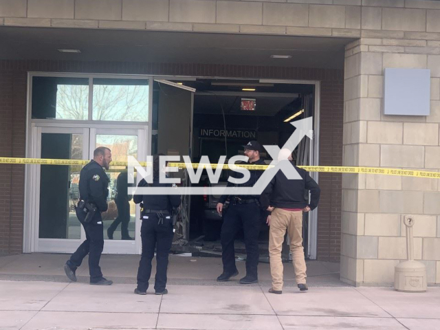 Image shows the scene after Nathan Chacon, 45, drove his 2007 Chevrolet Silverado into the lobby of a police station in Grand Junction, Mesa County, Colorado, USA, on Wednesday, Jan. 25, 2023. Multiple employees were in the area at the time of the crash, but no injuries occurred. Note: Police photo. (Grand Junction Police Department/Newsflash)