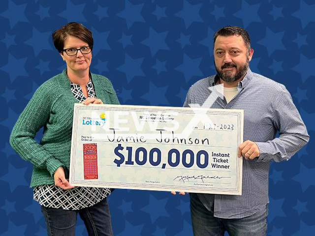 Jamie Johnson, 45, from the community of Hubert, in Onslow County, North Carolina, USA, poses in undated photo. He won USD 100,000 (GBP 80,805) on the lottery in January 2023. Note: Licensed content. (North Carolina Education Lottery/Newsflash)