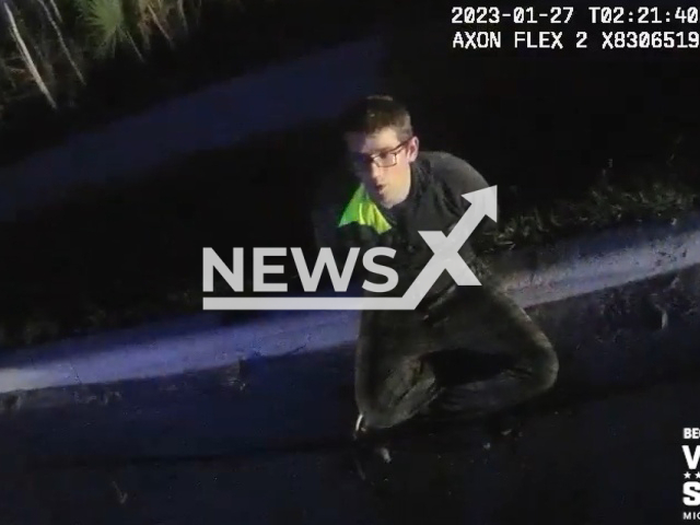 Picture shows Steven P. Johnson, 29, moments after his arrest, in DeBary, Florida, on Thursday, Jan. 26, 2023. Johnson was charged with loitering or prowling and resisting an officer without violence and transported to the Volusia County Branch Jail. Note: Picture is a screenshot from a video (@VolusiaSheriff/Newsflash)