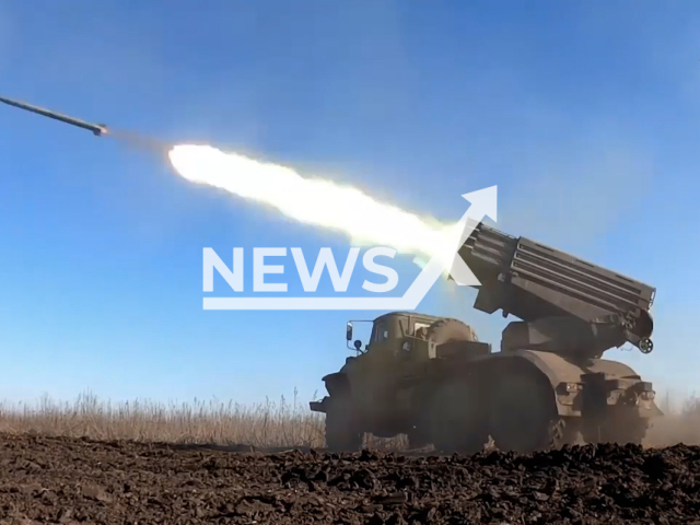 Russian military fire from Tornado-G MLRS at Ukrainian facilities and positions in Ukraine in undated footage. The footage released by the Russian MoD on Monday, Jan. 30, 2023. Note: Picture is screenshot from video. (@mod_russia/Newsflash)