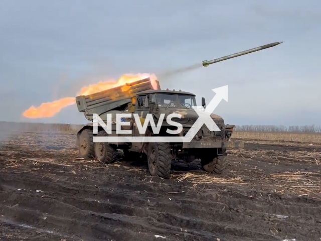 Ukrainian artillery fire with reactive volley fire system at Russian military positions in the Bakhmut region in Ukraine in undated footage. The footage released by the 17th separate Kryvyi Rih tank brigade on Monday, Jan. 30, 2023.
Note: This picture is a screenshot from the video.
(@17otbr/Nwesflash)