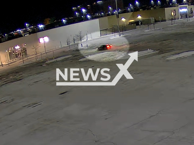 Picture shows the car that smashed into a shopping mall in the Regional Municipality of York, in Ontario, Canada, on Wednesday, Feb. 1, 2023. The car was stolen from Taylor-Anna Kobinger. Note: Picture is screenshot from a video. (@OfficialYRP/Newsflash)