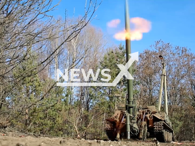 Russian self-propelled mortars "Tulip" fire at Ukrainian military positions in Ukraine in Ukraine in undated footage. The footage released by the Russian MoD on Thursday, Feb. 02, 2023.
Note: Picture is screenshot from video. (Ministry of Defense of Russia/Newsflash)