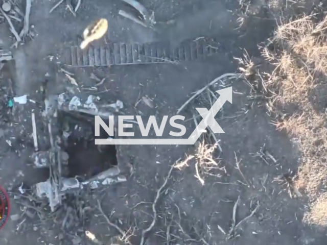 Bomb falls on the dugout with Russian soldiers in Ukraine in undated footage. The footage was released by the 110th mechanized brigade of the Ukrainian Ground Forces on Wednesday, Feb. 1, 2022. Note: Picture is screenshot from a video. (@110separatebrigade/Newsflash)