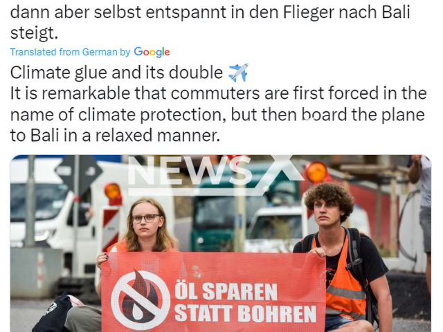 Image shows Last Generation activists Luisa S., 22, and Yannick S., 24, from Baden-Wuerttemberg, Germany, undated photo. They skipped a court hearing because of a vacation in Bali on Monday, Jan. 30, 2023. Note: Photo is a screenshot from a post. (Newsflash)