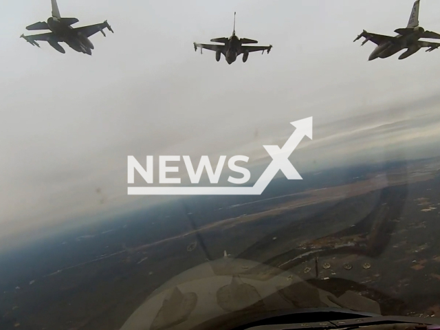 U.S. Air Force F-16C+ Fighting Falcon fighter pilots, from the 177th Fighter Wing of the New Jersey Air National Guard, taxi, take-off, form a delta formation and then fly their aircraft over the city of Philadelphia and over Lincoln Financial Field Stadium, Pennsylvania, on Sunday, Jan. 29, 2023.Note: Picture is screenshot from a video. (177th Fighter Wing - NJ Air National Guard/Newsflash)