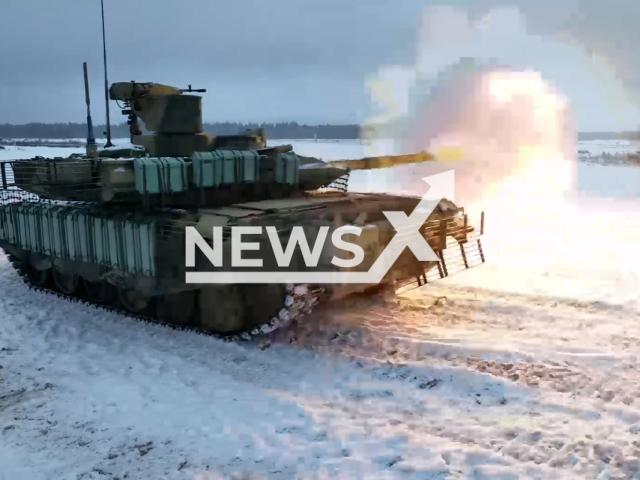 Russian military performs combat firing from T-90M "Breakthrough" tanks at training ground in the Leningrad region in Russia in undated footage. The footage released by the Russian MoD on Friday, Feb. 03, 2023.
Note: Picture is screenshot from video. (@mod_russia/Newsflash)