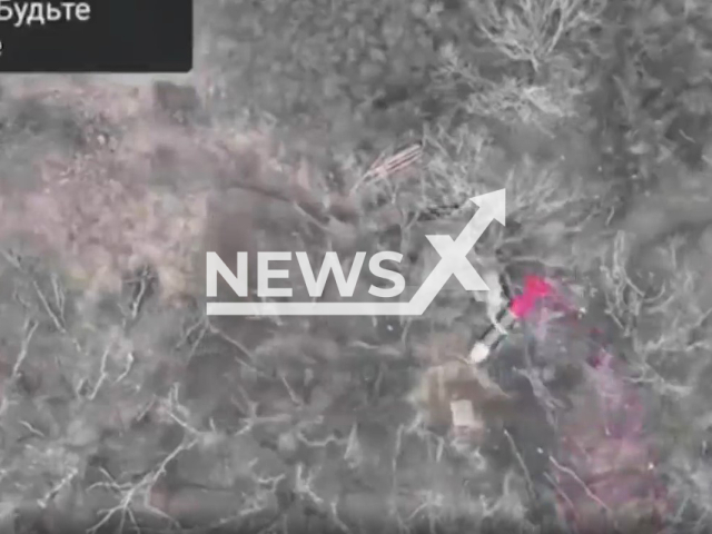 Bomb falls on Ukrainian positions in Ukraine in undated footage. The footage was released by the People's Militia of the DPR on Wednesday, Feb. 1, 2023.Note: Picture is screenshot from a video. (@nm_dnr/Newsflash)