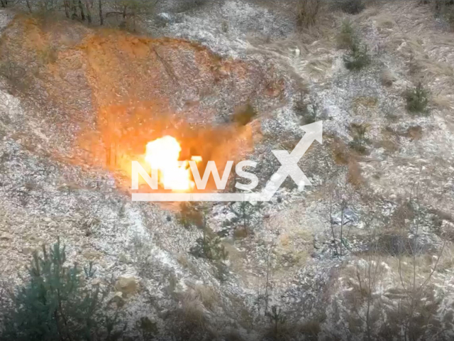 Ukrainian mine explodes in Ukraine in undated footage. The footage was released by the 251st battalion of the Ukrainian Territorial Defense Forces on Wednesday, Feb. 1, 2023. Note: Picture is screenshot from a video. (251st battalion/Newsflash)