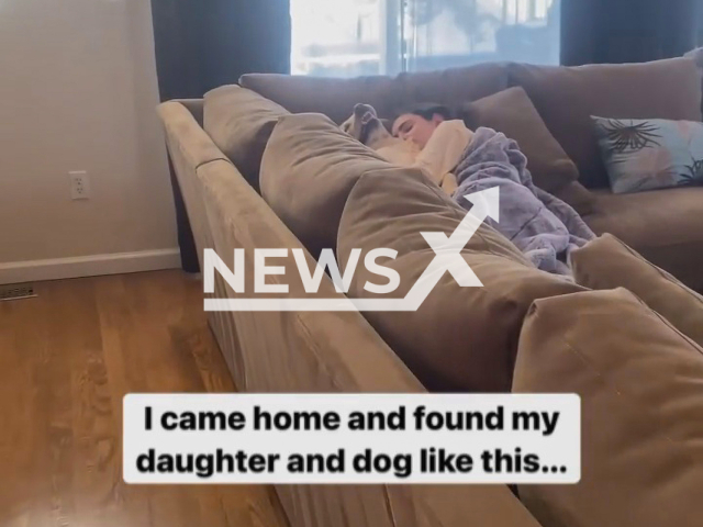 Magnus, a yellow Labrador retriever, 5, and one of the family's daughters, taking a nap in matching pyjamas, in Pound Ridge, New York, USA. Note: Picture is a screenshot from a video (@magnusthetherapydog/Newsflash)