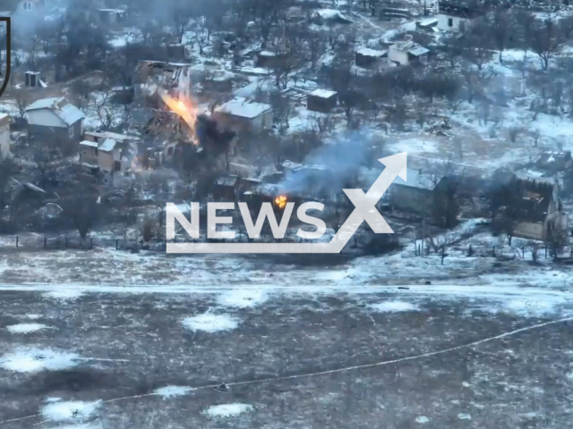 Picture shows explosions in a residential area in Donetsk region, Ukraine in undated footage. The footage was released by the 36th brigade of the Ukrainian Navy on Tuesday, Feb. 7, 2023. Note: Picture is a screenshot from a video (@36obmp/Newsflash)