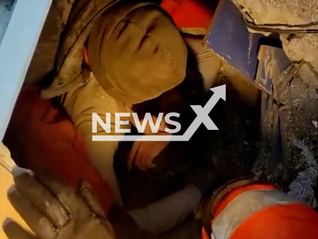 Turkish emergency services rescue a man in Hatay, Turkey, in undated footage. Thousands of people have been left injured as a result of the earthquakes. Note: Picture is screenshot from a video. (@tcsavunma/Newsflash)