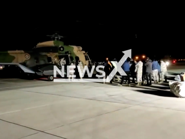 Picture shows the scene where soldiers transport aid materials at an airport in Turkey, undated footage. Thousands of people have been left injured as a result of the earthquakes. Note: Picture is screenshot from a video. (@tcsavunma/Newsflash)