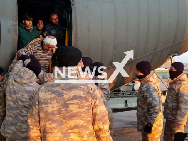 Earthquake victims from Adiyaman arrive in Ankara, Turkey, in undated footage. Thousands of people have been left injured as a result of the earthquakes. Note: Picture is screenshot from a video. (@tcsavunma/Newsflash)