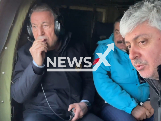 Minister of National Defense Hulusi Akar, who came to Hatay, Turkey, with Chief of General Staff General, Yasar Guler, and Land Forces Commander General, Musa Avsever, follow the search and rescue efforts on site with Minister of Health, Fahrettin Koca, Minister of Energy and Natural Resources, Fatih Donmez, Tuesday, Feb. 7, 2023. Thousands of people died and were injured as a result of a massive earthquake in Turkey, Monday, Feb. 6, 2023. Note: Picture is a screenshot from a video (@TCMilliSavunmaBakanligi/Newsflash)