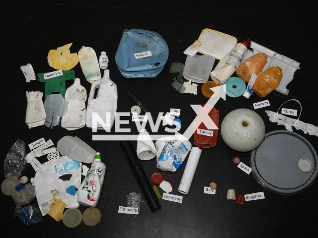 Image shows plastic debris washed ashore in the Arctic sorted by country of origin, undated photo. A study showed that one third of plastic debris in the Arctic comes from Europe. Note: Licensed content. (Alfred-Wegener-Institut, J. Hagemann/Newsflash)