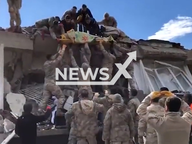 Picture shows the emergency services' efforts in aiding the earthquake victims in Turkey, undated footage. Thousands of people have been left injured and homeless as a result of the earthquakes. Note: Picture is screenshot from a video. (@jandarma/Newsflash)