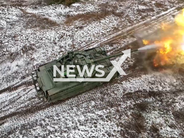 Russian modernized T-80BVM tanks fire during the combat training at the temporary occupied parts of Ukraine in undated footage. The footage was released by the Russian MoD on Thursday, Feb. 9, 2023.
Note: This picture is a screenshot from the video. (Ministry of Defense of Russia/Newsflash)