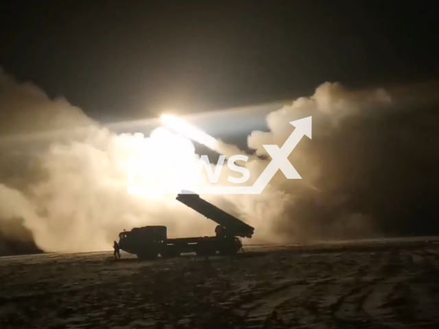 Russian MLRS "Tornado-S" fire rockets at Ukrainian military facilities in Ukraine in undated footage. The footage was released by the Russian MoD on Thursday, Feb. 9, 2023. Note: Picture is a screenshot from a video (Ministry of Defense of Russia/Newsflash)