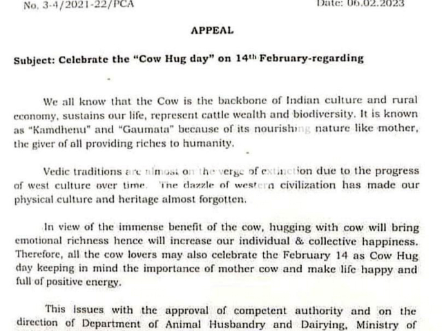 Picture shows a document about the Cow Hug day in India, undated. The day may be celebrated on February 14th. Note: Private photo. (Animal Welfare Board Of India/Newsflash)