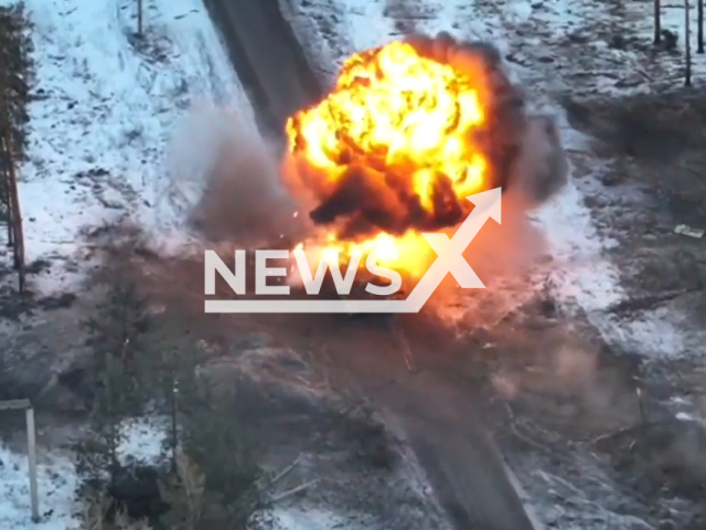 Russian BMPT "terminator" explodes in HUGE ball of flames after being hit by the Ukrainian artillery in Ukraine in undated footage. The footage was released by the Marine Corps Command of the Armed Forces on Thursday, Feb. 9. 2023.
Note: Picture is a screenshot from a video. (@kmp.vmsu.ua/Newsflash)