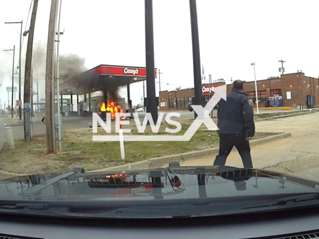 Sgt. Ramon Castro responds to a gas pump fire at a convenience store off of the I-240 Service Road & S. Walker Avenue, on Sunday, Jan. 29, 2023. According to OKCPD, Sgt. Castro was able to get folks evacuated and secured the scene for Oklahoma City Fire Department. Note: Picture is a screenshot from a video (@OKCPD/Newsflash)