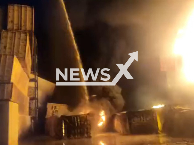 Picture shows the scene of the fire that broke out at Iskenderun Harbor in Turkey, undated footage. The fire was extinguished after two days. Note: Picture is a screenshot from a video (@mansuryavas06/Newsflash)