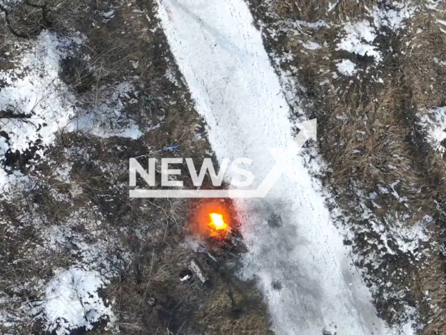 Russian SPG-9 Kopyo gun and ammunition explodes in Donetsk region, Ukraine in undated footage. The footage was released by the 36th brigade of the Ukrainian Navy on Sunday, Feb. 12, 2022. Note: Picture is a screenshot from a video (501 battalion/Newsflash)