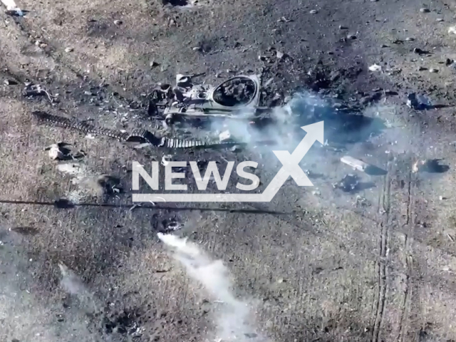 Picture shows destroyed Russian military vehicle in Ukraine in undated footage. The footage was released by the 72nd brigade of the Ukrainian Ground Forces on Friday, Feb. 10, 2022. Note: Picture is screenshot from a video. (@72.brigade.best/Newsflash)