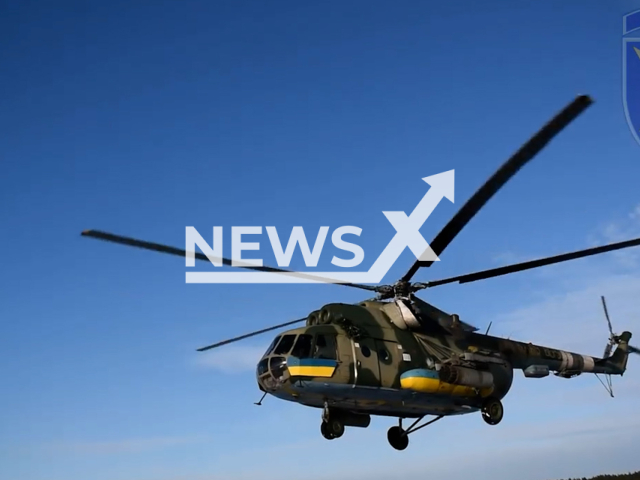 Picture shows a Ukrainian attack helicopter in Ukraine in undated footage. The footage was released by the 16th army aviation brigade of the Ukrainian Ground Forces on Saturday, Feb. 11, 2022.Note: Picture is screenshot from a video. (@16OBrAA/Newsflash)