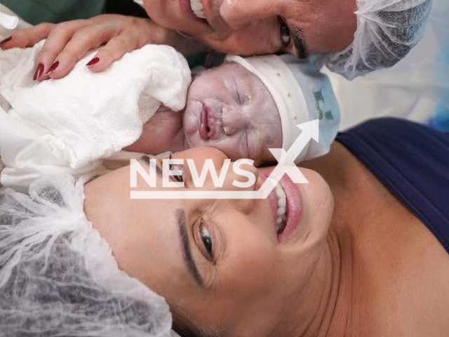 Actress Claudia Raia, 56, and actor Jarbas Homem de Mello, 53, pose with their son Luca, Saturday, Feb. 11, 2023 in Sao Paulo, Brazil. According to the artist's press office, mother and son are doing well. Note: Image is a screenshot from post. (@claudiaraia, @estudio_thalitacastanha/Newsflash)